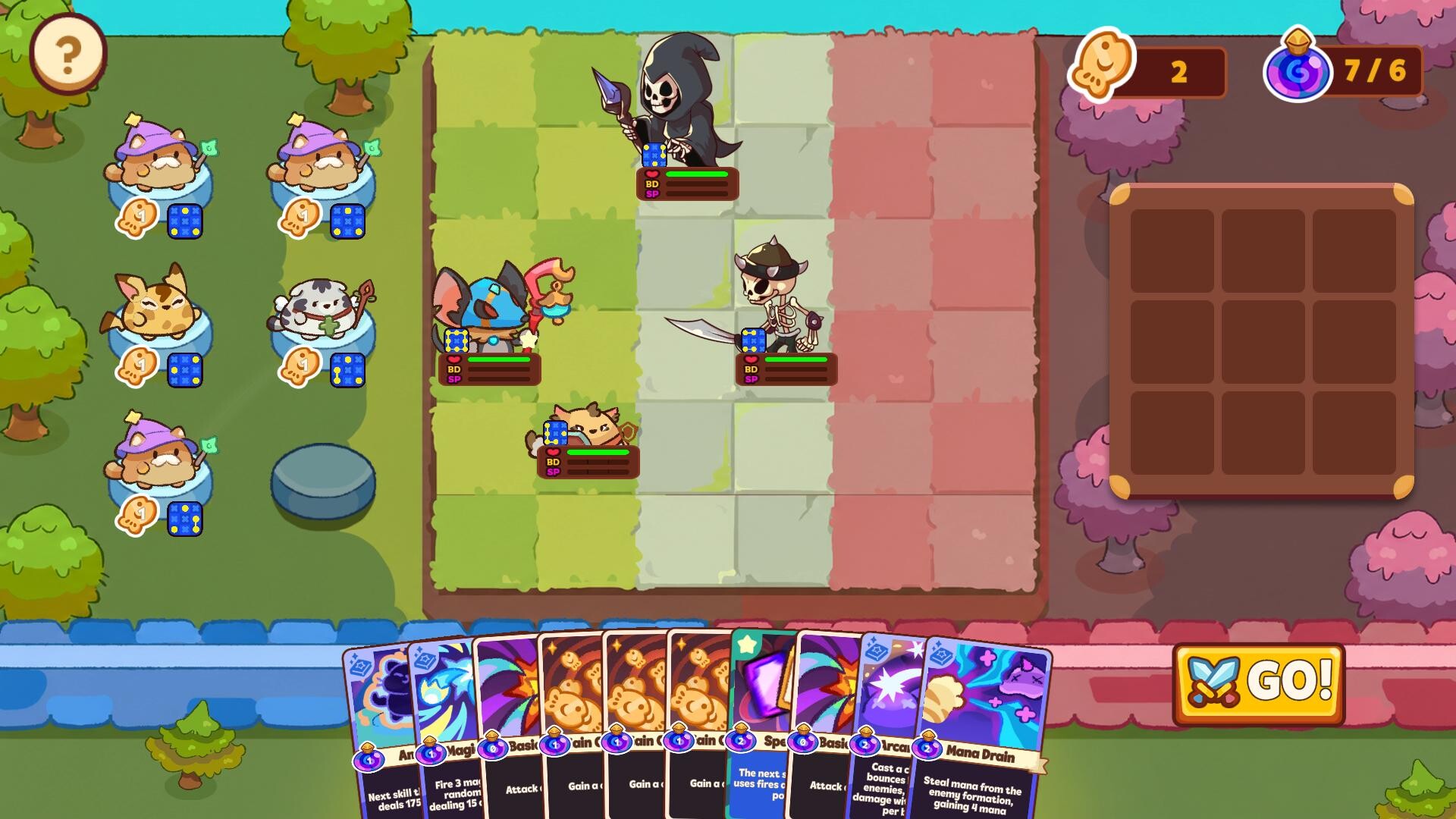 Auto Cats planning phase with cats, enemies, and skill cards around the tactical grid