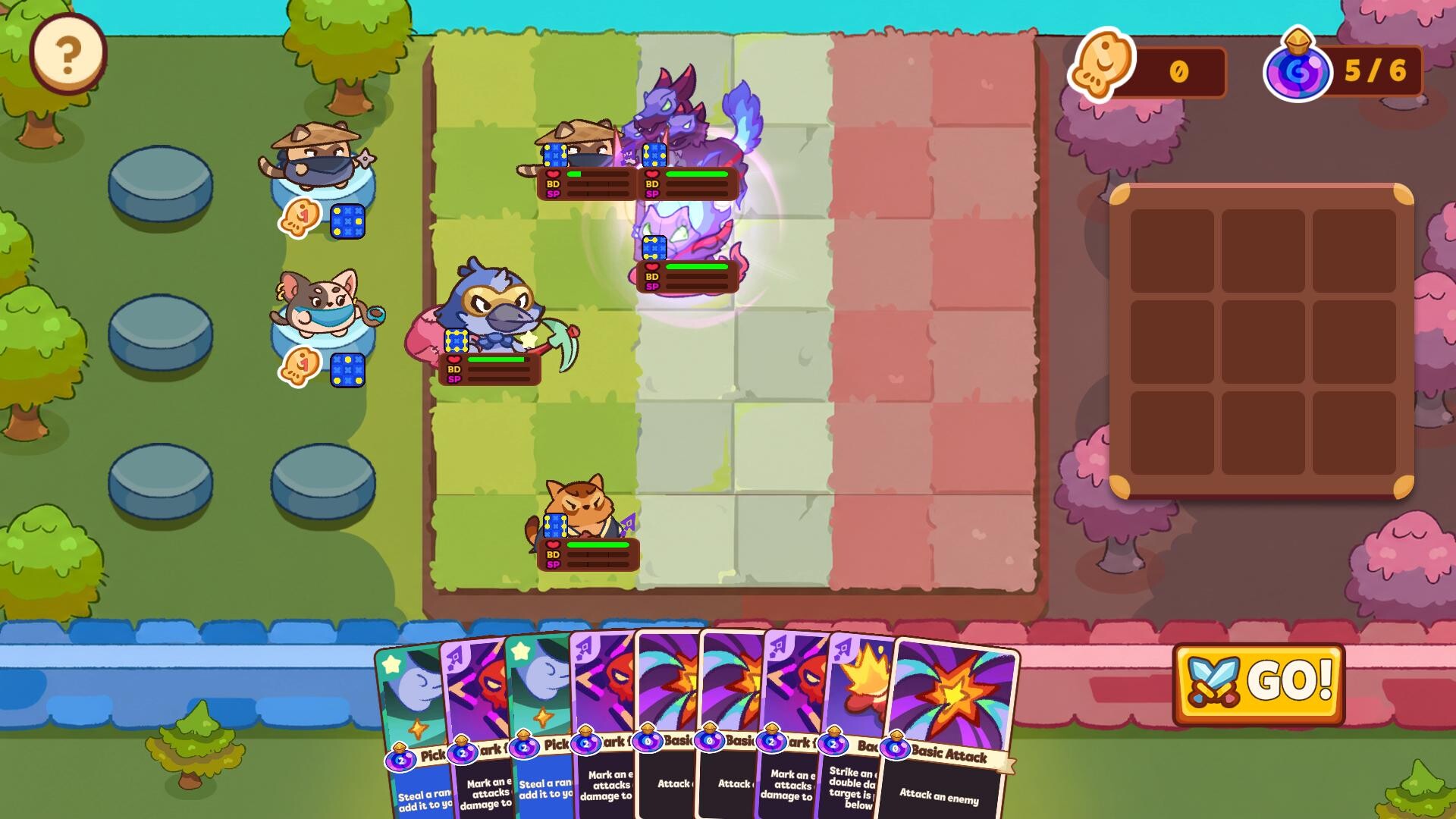 Auto Cats battle against a large purple boss on the tactical grid