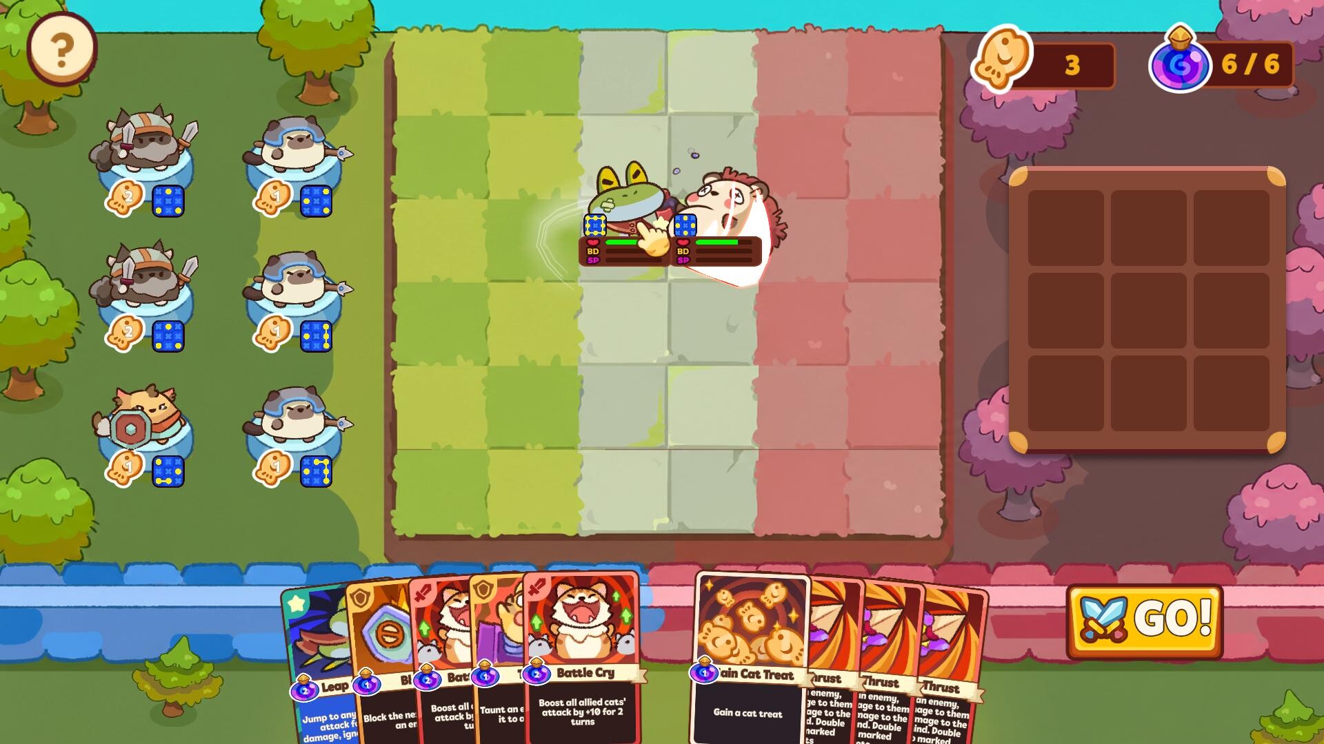 Auto Cats combat with two enemies being struck while skill cards remain in hand