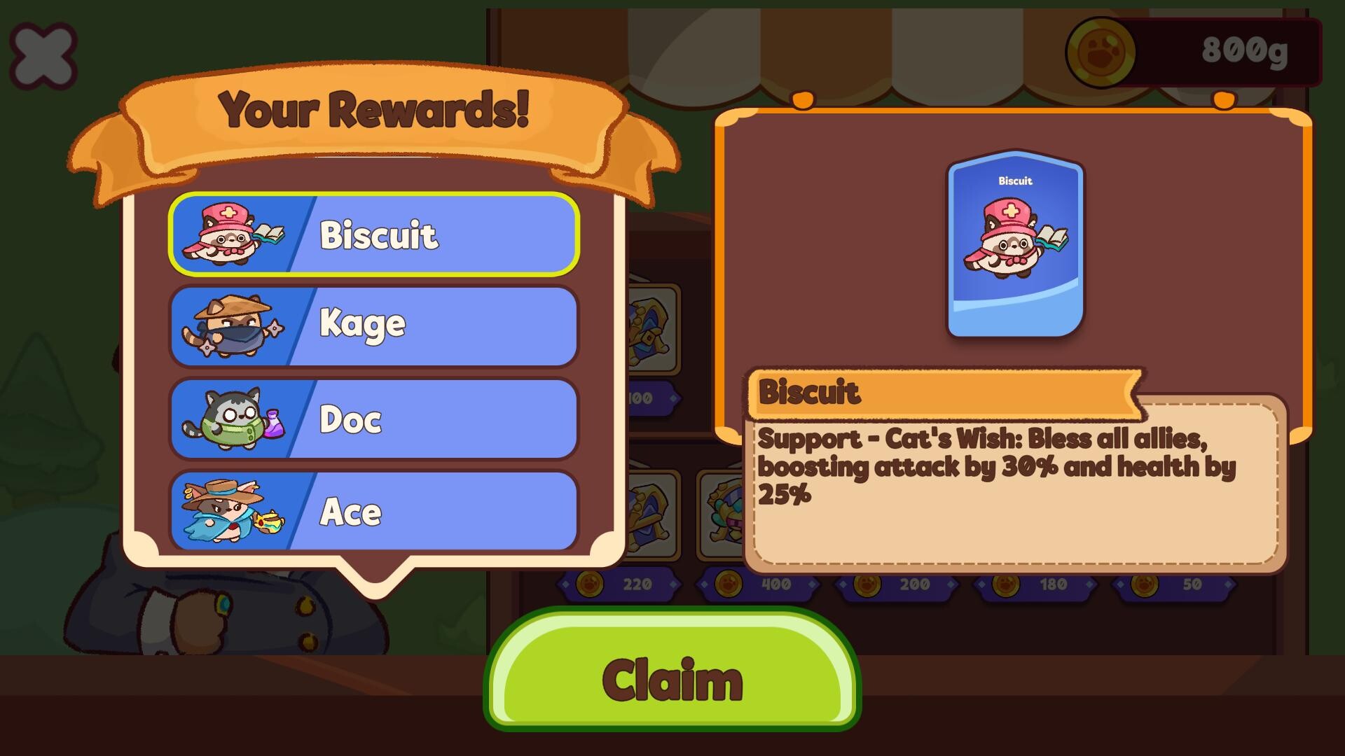 Auto Cats cat reward selection offering Biscuit, Kage, Doc, or Ace