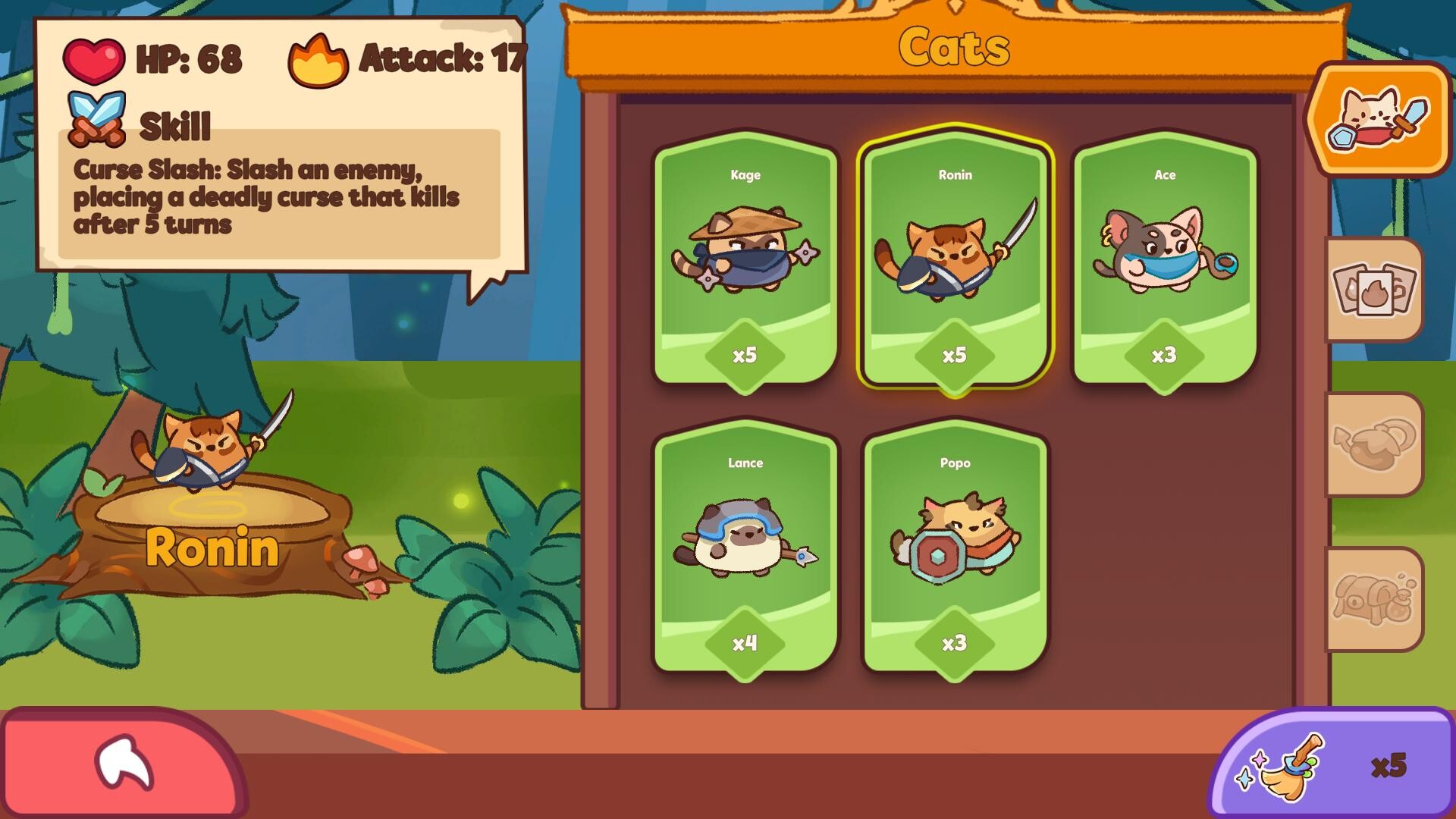 Auto Cats cat roster screen showing Kage, Ronin, Ace, Lance, and Popo