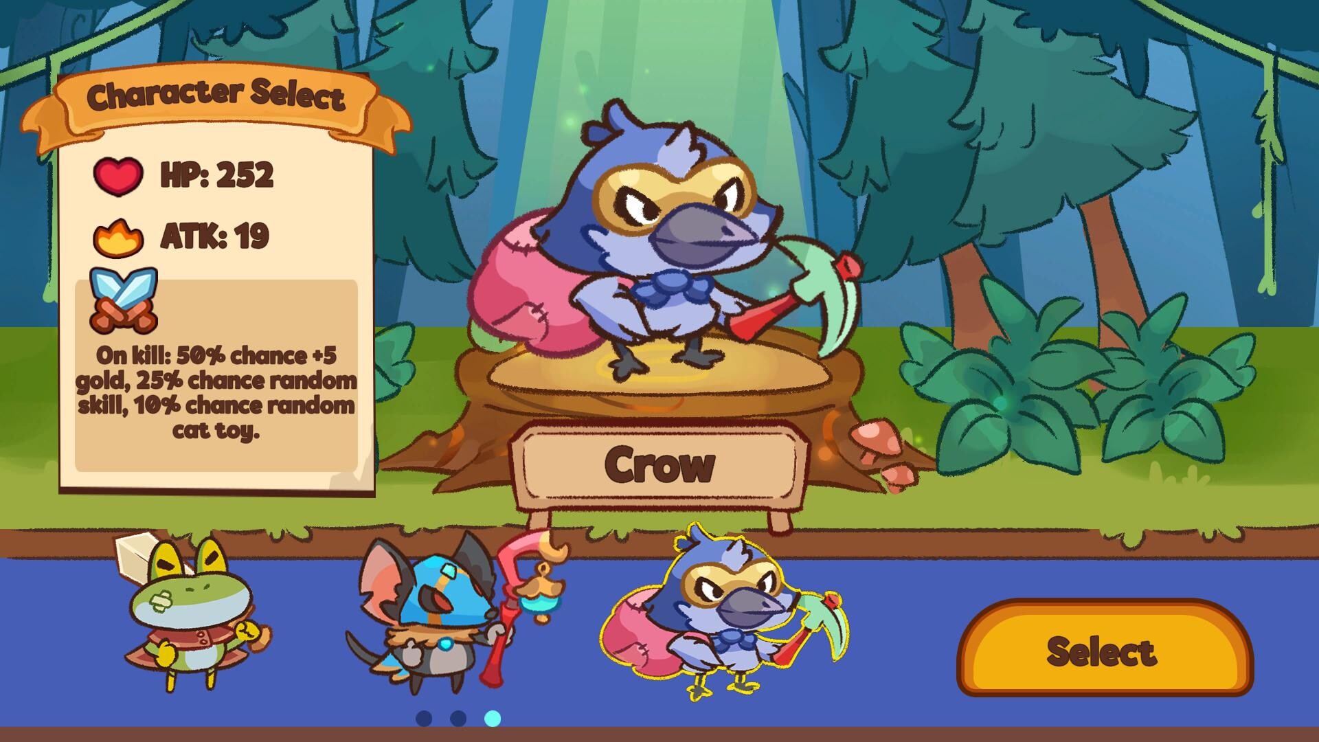 Auto Cats hero selection screen with Crow highlighted