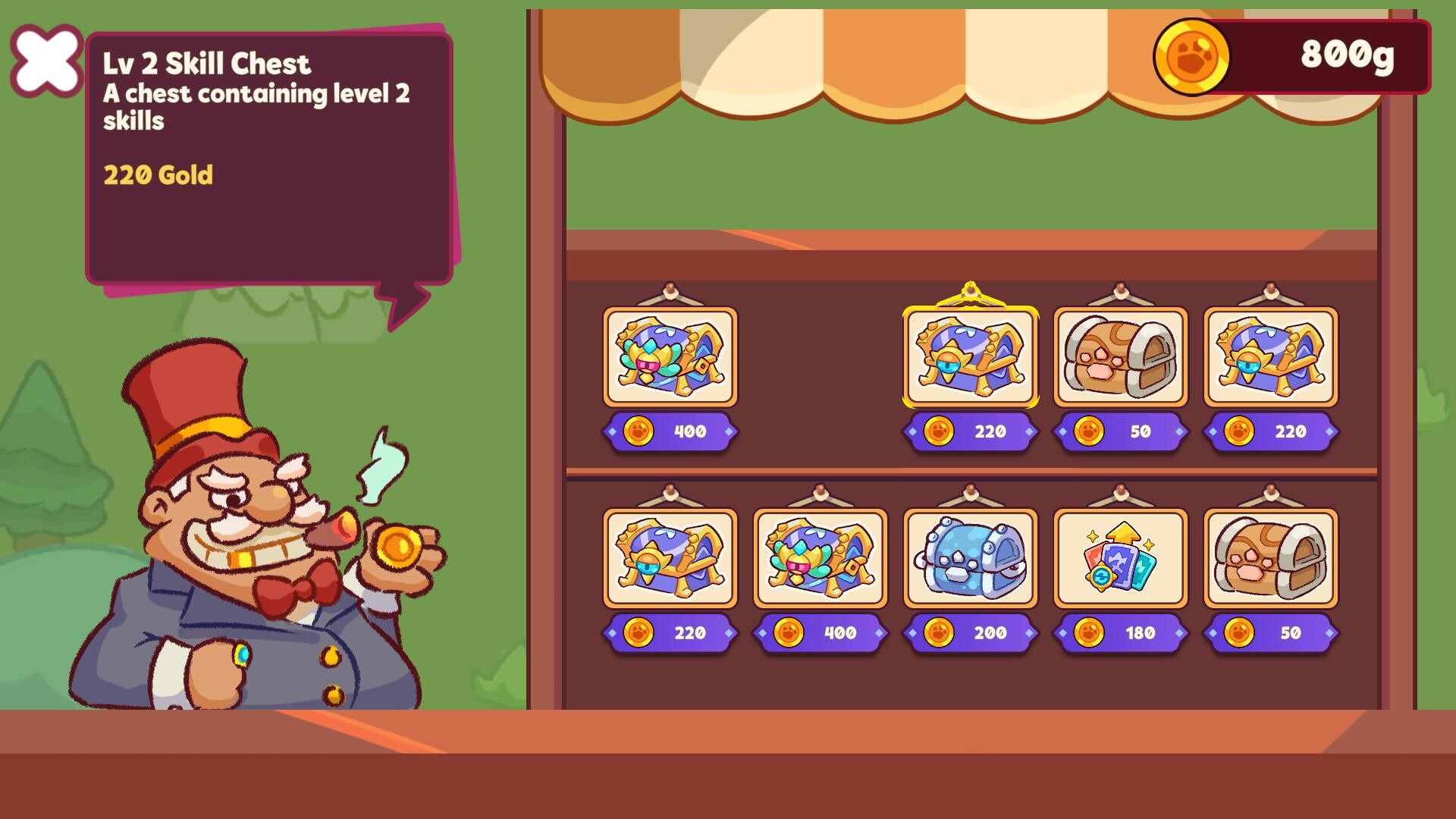 Auto Cats shop screen with a merchant and upgrade chests